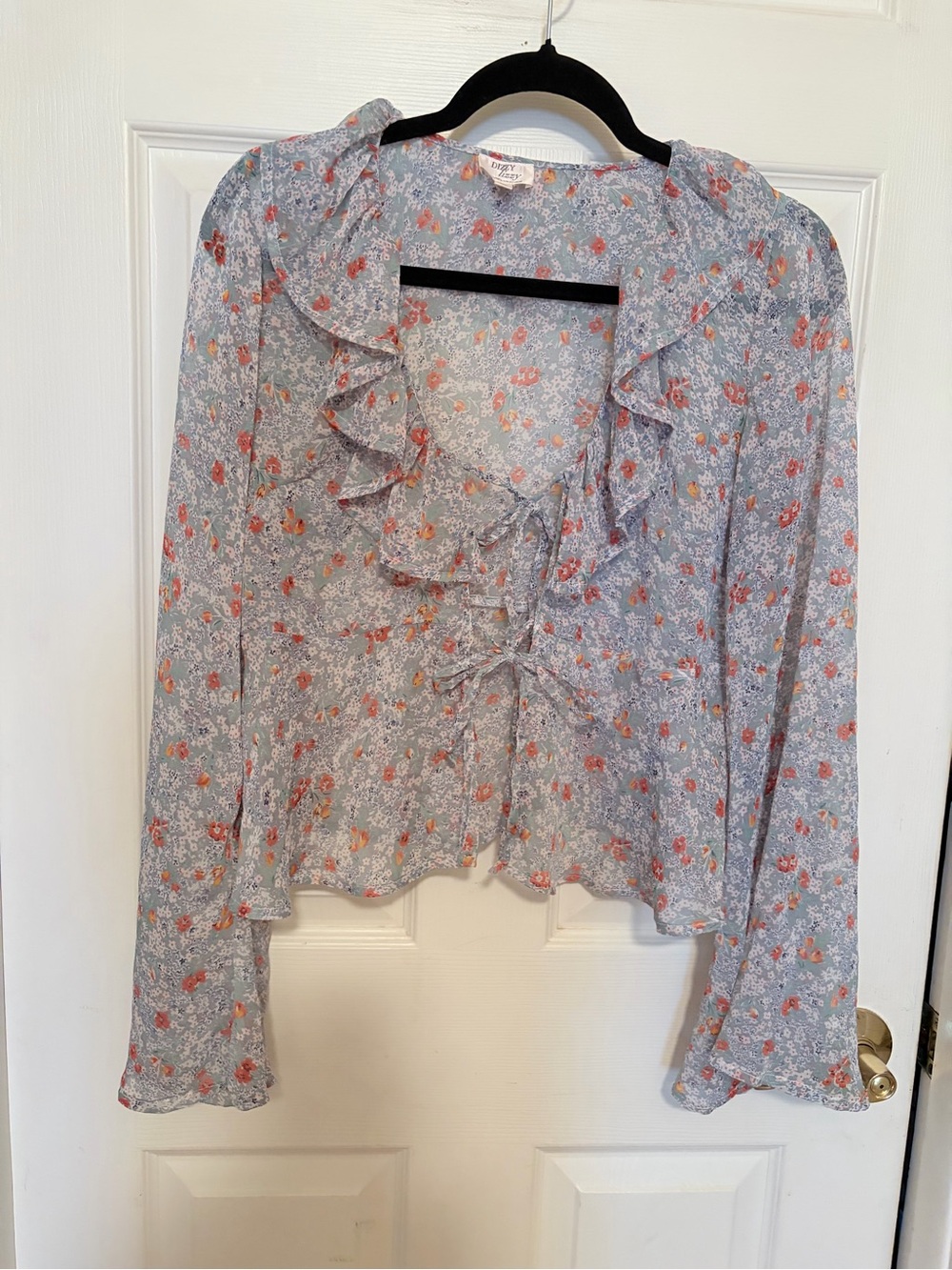 Light Blue Floral Ruffle Tie-Front Blouse/cardigan